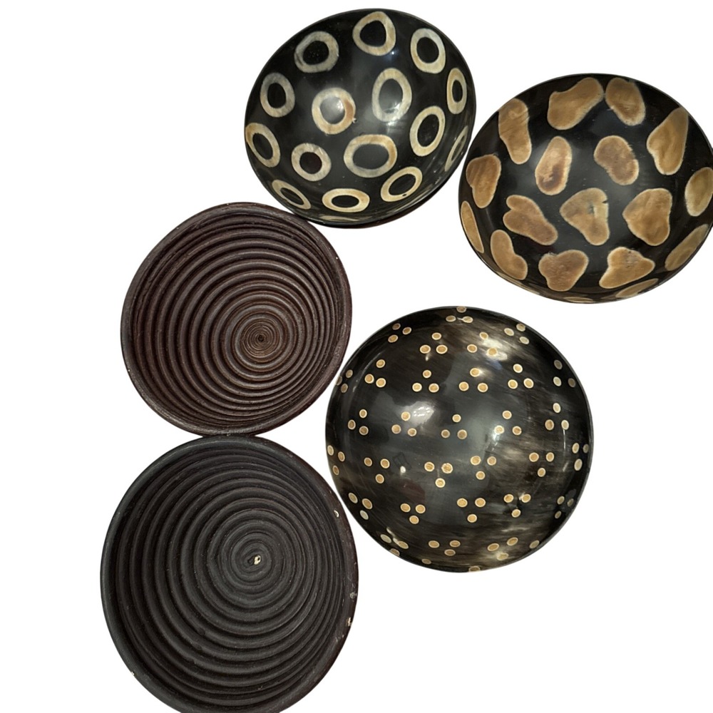 African Style Decorative Bowls Geometric Animal Wall Art Lot of 5 Brown Ethnic